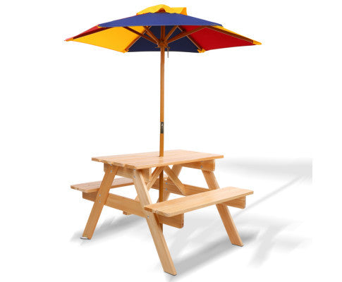 CAROLINE INDOOR/OUTDOOR KIDS WOODEN PICNIC SET WITH UMBRELLA - NATURAL