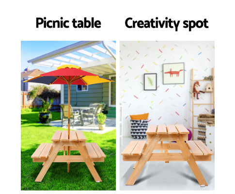 CAROLINE INDOOR/OUTDOOR KIDS WOODEN PICNIC SET WITH UMBRELLA - NATURAL