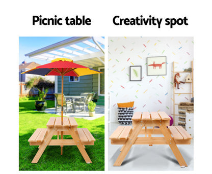 CAROLINE INDOOR/OUTDOOR KIDS WOODEN PICNIC SET WITH UMBRELLA - NATURAL