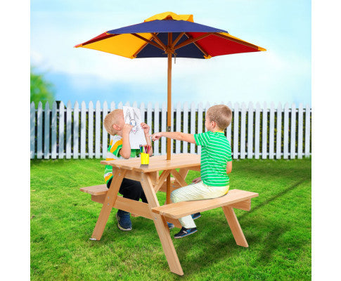 CAROLINE INDOOR/OUTDOOR KIDS WOODEN PICNIC SET WITH UMBRELLA - NATURAL