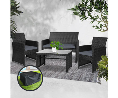 NORMA 4 PIECE OUTDOOR RATTAN  LOUNGE SETTING WITH STORAGE COVER - BLACK