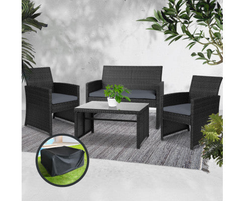 NORMA 4 PIECE OUTDOOR RATTAN  LOUNGE SETTING WITH STORAGE COVER - BLACK