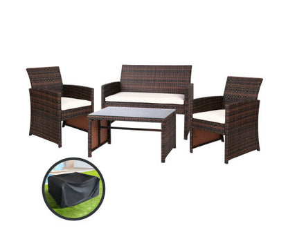 NORMA 4 PIECE OUTDOOR RATTAN  LOUNGE SETTING WITH STORAGE COVER - BROWN