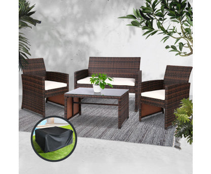NORMA 4 PIECE OUTDOOR RATTAN  LOUNGE SETTING WITH STORAGE COVER - BROWN