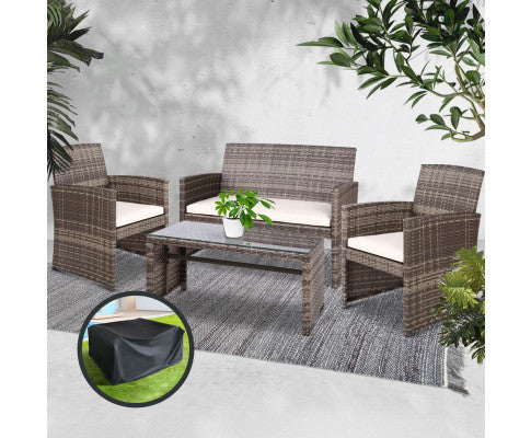 NORMA 4 PIECE OUTDOOR RATTAN  LOUNGE SETTING WITH STORAGE COVER - GREY