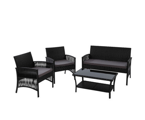 PRESLEY OUTDOOR 4 PIECE  WICKER  LOUNGE SETTING - BLACK