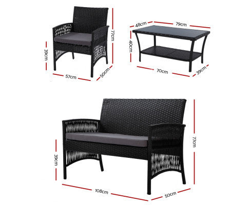PRESLEY OUTDOOR 4 PIECE  WICKER  LOUNGE SETTING - BLACK