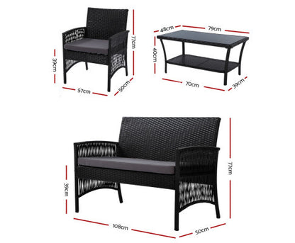 PRESLEY OUTDOOR 4 PIECE  WICKER  LOUNGE SETTING - BLACK