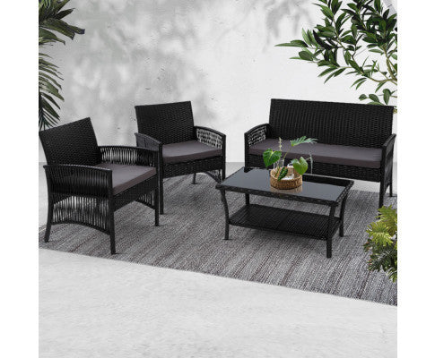 PRESLEY OUTDOOR 4 PIECE  WICKER  LOUNGE SETTING - BLACK