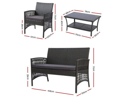 PRESLEY OUTDOOR 4 PIECE  WICKER  LOUNGE SETTING - DARK GREY