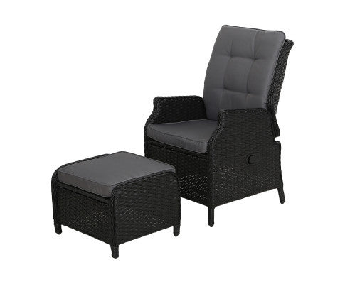 ALMIRA OUTDOOR RECLINER SUN LOUNGE CHAIR WITH OTTOMAN - BLACK