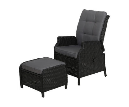 ALMIRA OUTDOOR RECLINER SUN LOUNGE CHAIR WITH OTTOMAN - BLACK