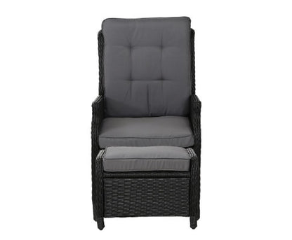 ALMIRA OUTDOOR RECLINER SUN LOUNGE CHAIR WITH OTTOMAN - BLACK
