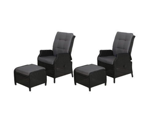 ALMIRA (SET OF 2) OUTDOOR RECLINER SUN LOUNGE CHAIR WITH OTTOMAN - BLACK