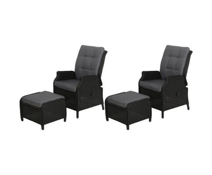 ALMIRA (SET OF 2) OUTDOOR RECLINER SUN LOUNGE CHAIR WITH OTTOMAN - BLACK