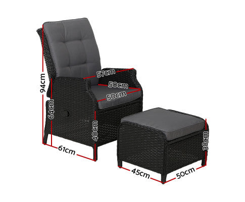 ALMIRA (SET OF 2) OUTDOOR RECLINER SUN LOUNGE CHAIR WITH OTTOMAN - BLACK