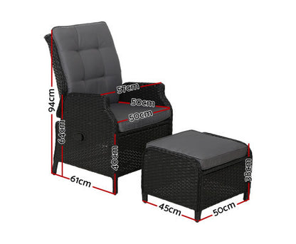 ALMIRA (SET OF 2) OUTDOOR RECLINER SUN LOUNGE CHAIR WITH OTTOMAN - BLACK