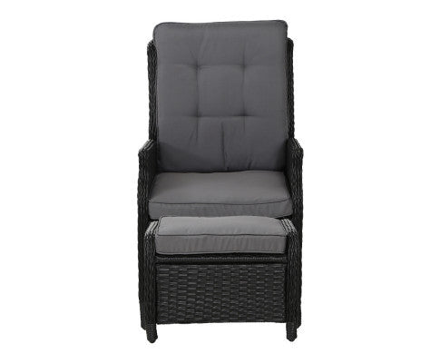 ALMIRA (SET OF 2) OUTDOOR RECLINER SUN LOUNGE CHAIR WITH OTTOMAN - BLACK