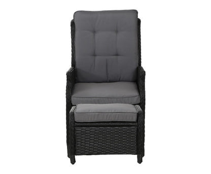 ALMIRA (SET OF 2) OUTDOOR RECLINER SUN LOUNGE CHAIR WITH OTTOMAN - BLACK