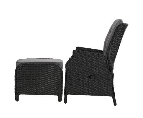 ALMIRA (SET OF 2) OUTDOOR RECLINER SUN LOUNGE CHAIR WITH OTTOMAN - BLACK