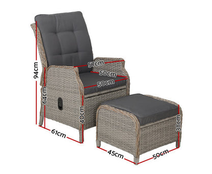 ALMIRA OUTDOOR RECLINER SUN LOUNGE CHAIR WITH OTTOMAN - GREY