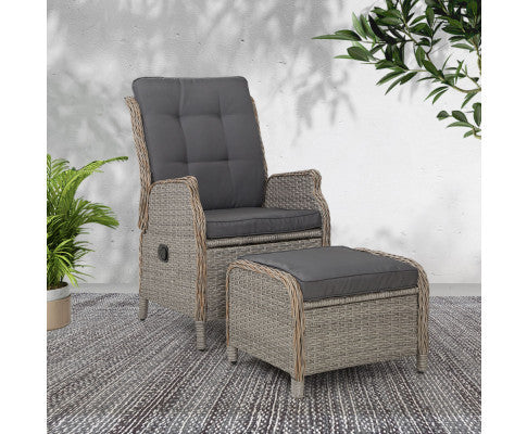 ALMIRA OUTDOOR RECLINER SUN LOUNGE CHAIR WITH OTTOMAN - GREY