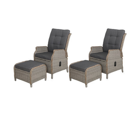 ALMIRA (SET OF 2) OUTDOOR RECLINER SUN LOUNGE CHAIR WITH OTTOMAN - GREY