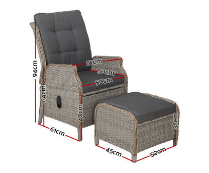 ALMIRA (SET OF 2) OUTDOOR RECLINER SUN LOUNGE CHAIR WITH OTTOMAN - GREY