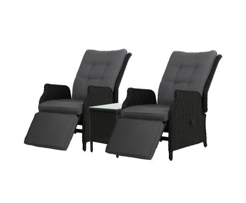 ALMIRA (SET OF 2) OUTDOOR RECLINER SUN LOUNGE CHAIR WITH SIDE TABLE - BLACK