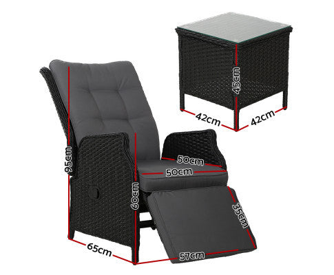 ALMIRA (SET OF 2) OUTDOOR RECLINER SUN LOUNGE CHAIR WITH SIDE TABLE - BLACK