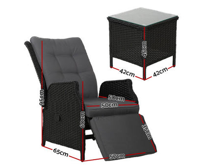 ALMIRA (SET OF 2) OUTDOOR RECLINER SUN LOUNGE CHAIR WITH SIDE TABLE - BLACK