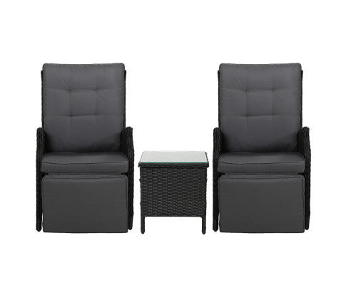 ALMIRA (SET OF 2) OUTDOOR RECLINER SUN LOUNGE CHAIR WITH SIDE TABLE - BLACK