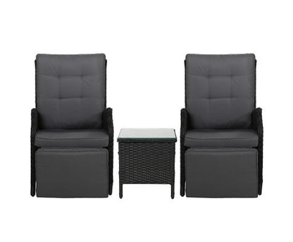 ALMIRA (SET OF 2) OUTDOOR RECLINER SUN LOUNGE CHAIR WITH SIDE TABLE - BLACK
