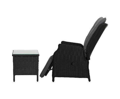 ALMIRA (SET OF 2) OUTDOOR RECLINER SUN LOUNGE CHAIR WITH SIDE TABLE - BLACK