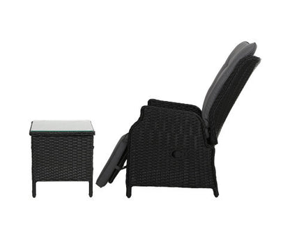 ALMIRA (SET OF 2) OUTDOOR RECLINER SUN LOUNGE CHAIR WITH SIDE TABLE - BLACK