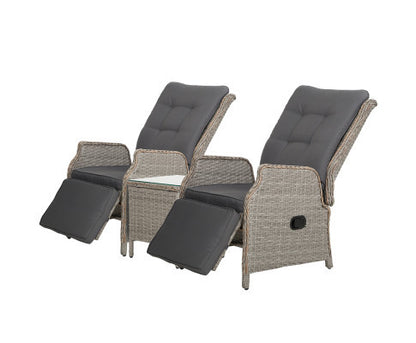 ALMIRA (SET OF 2) OUTDOOR RECLINER SUN LOUNGE CHAIR WITH SIDE TABLE - GREY