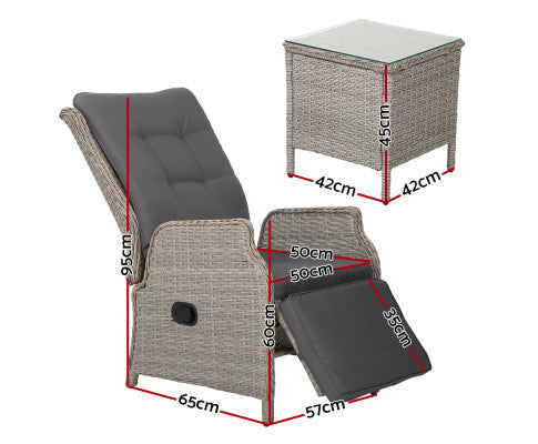 ALMIRA (SET OF 2) OUTDOOR RECLINER SUN LOUNGE CHAIR WITH SIDE TABLE - GREY