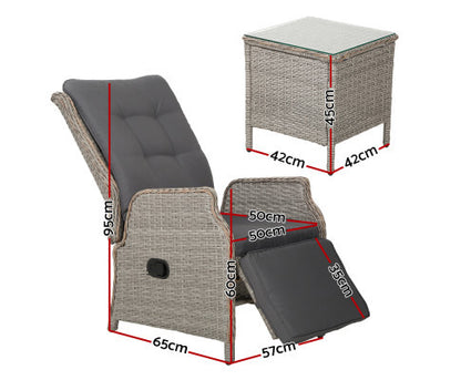 ALMIRA (SET OF 2) OUTDOOR RECLINER SUN LOUNGE CHAIR WITH SIDE TABLE - GREY