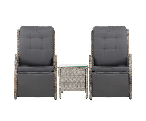 ALMIRA (SET OF 2) OUTDOOR RECLINER SUN LOUNGE CHAIR WITH SIDE TABLE - GREY