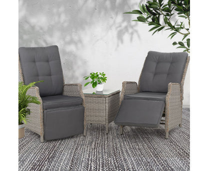 ALMIRA (SET OF 2) OUTDOOR RECLINER SUN LOUNGE CHAIR WITH SIDE TABLE - GREY