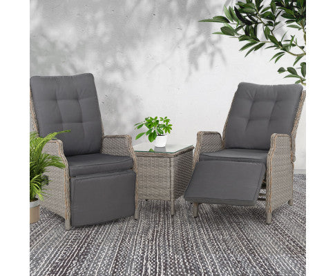 ALMIRA (SET OF 2) OUTDOOR RECLINER SUN LOUNGE CHAIR WITH SIDE TABLE - GREY