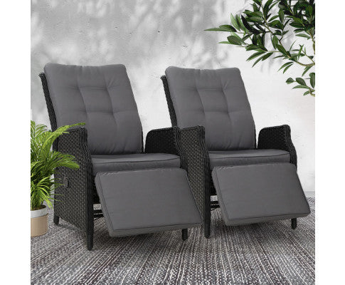 ALMIRA (SET OF 2) OUTDOOR RECLINER SUN LOUNGE CHAIR - BLACK