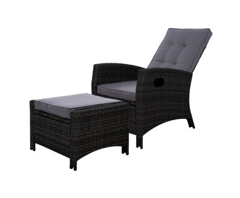VALTINA OUTDOOR RECLINER LOUNGE CHAIR WITH OTTOMAN - BLACK