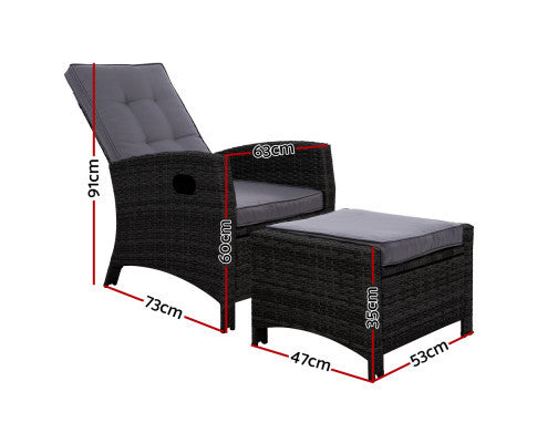 VALTINA OUTDOOR RECLINER LOUNGE CHAIR WITH OTTOMAN - BLACK