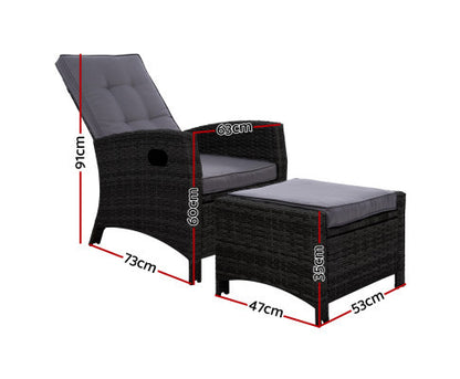 VALTINA OUTDOOR RECLINER LOUNGE CHAIR WITH OTTOMAN - BLACK