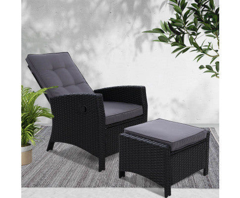 Valtina Outdoor Recliner Lounge Chair With Ottoman - Black