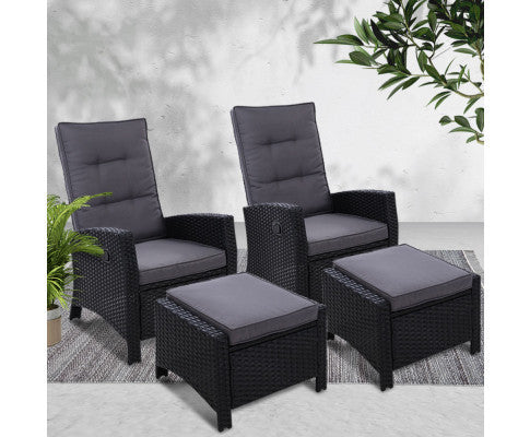 VALTINA (SET OF 2) OUTDOOR RECLINER LOUNGE CHAIR WITH OTTOMAN - BLACK