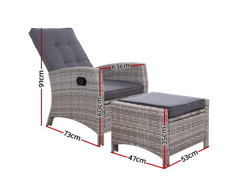 VALTINA (SET OF 2) OUTDOOR RECLINER LOUNGE CHAIR WITH OTTOMAN - GREY