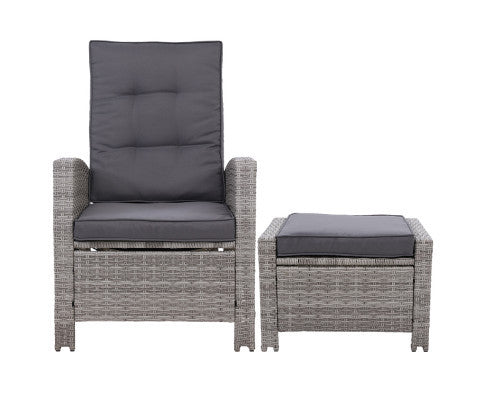 VALTINA (SET OF 2) OUTDOOR RECLINER LOUNGE CHAIR WITH OTTOMAN - GREY