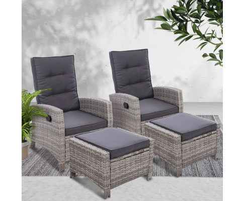 VALTINA (SET OF 2) OUTDOOR RECLINER LOUNGE CHAIR WITH OTTOMAN - GREY